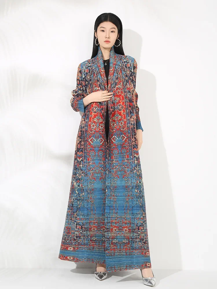 Miyake Plissee Abaya Frauen Trenchcoat Dubai Muslimischen Kaftan Gedruckt Langarm Marokko Original Designer Strickjacke Lange Mäntel