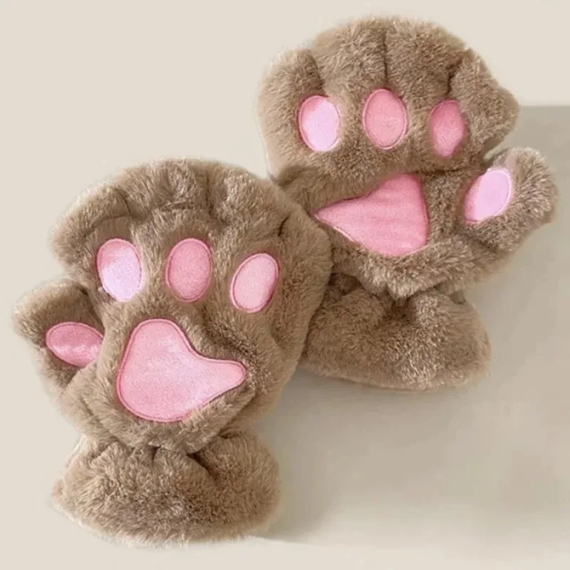 Women Plush Mittens Warm Soft Plush Short Fingerless Fluffy Bear Cat Gloves Costume Half Finger Cartoon Cute Cat Claw Paw Gloves