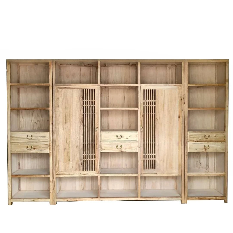 

New Chinese solid wood bookcase combination glass door multi-functional wall bogu shelf storage
