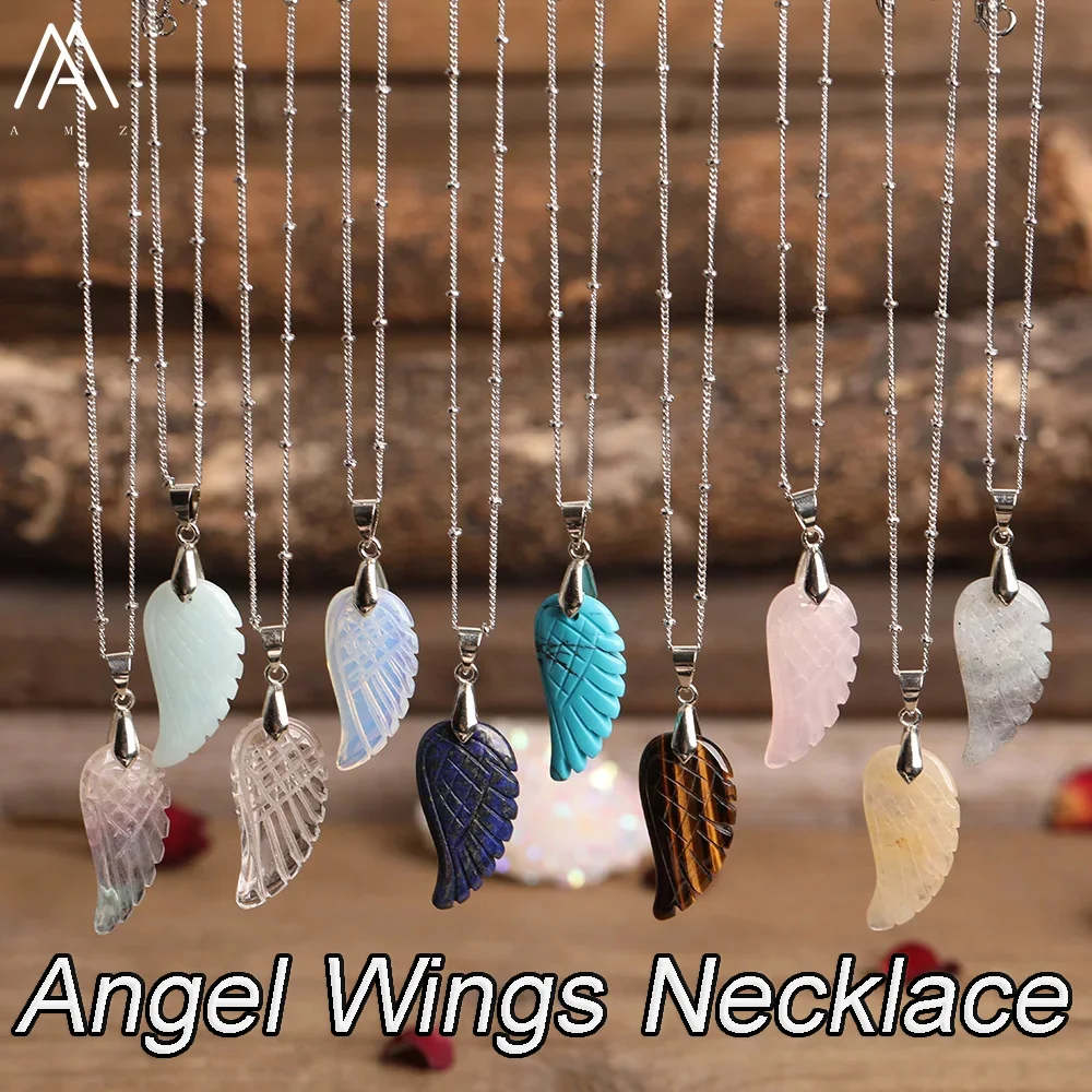 

Angel Wing Necklace Natural Gemstone Pendant Rose Quartz Crystal Silver Chain Women's Fashion Jewelry daily Party Gift Accessory