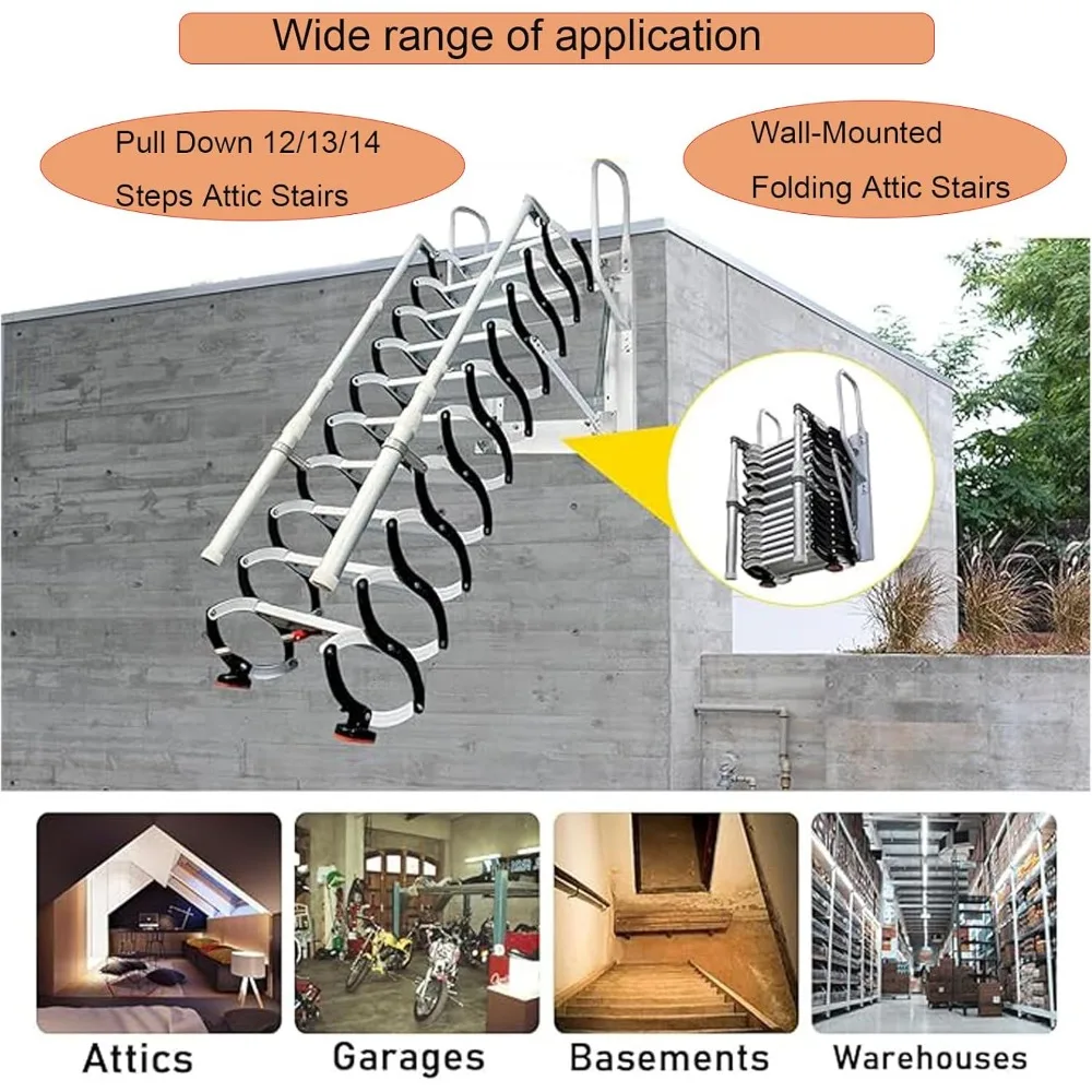 سلالم علية قابلة للطي مثبتة على الحائط: سلم علوي قابل للسحب بطول 11 خطوة وأوسع 4 بوصة مع درابزين مزدوج للوصول إلى الارتفاع #4