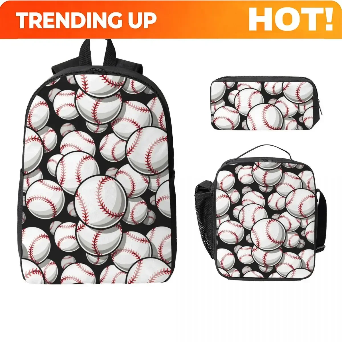Custom Bag 3Pcs Sport Baseball Balls Backpack Set For Kids Pen Bags Bookbag Sets With Lunch Box For School Students Knapsack