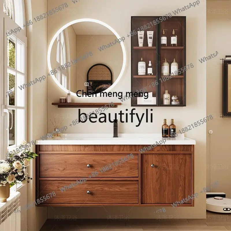 Medieval ceramic integrated basin bathroom cabinet hand washbasin combination bathroom round mirror washstandH