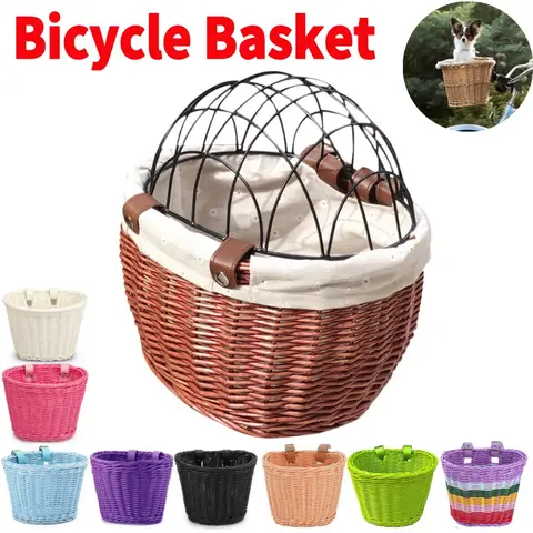 자전거 바구니 라탄 위커 자전거 앞바구니 소형견 고양이 애완동물 캐리어 가방 방수 캠핑 사이클링 액세서리