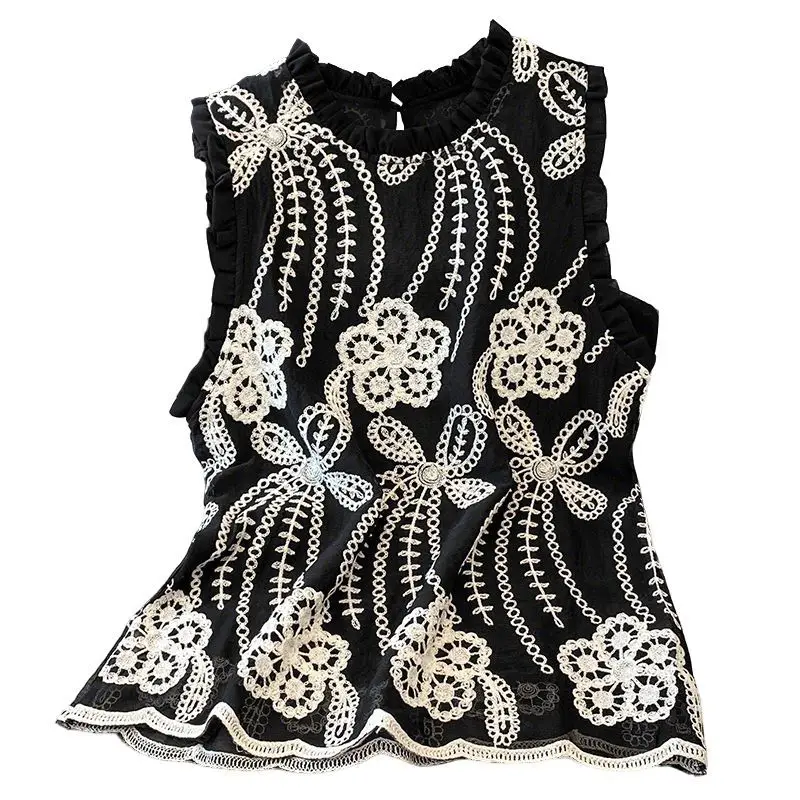 

Vintage embroidered lace top women's sleeveless vest summer new loose chiffon shirt outside small shirt
