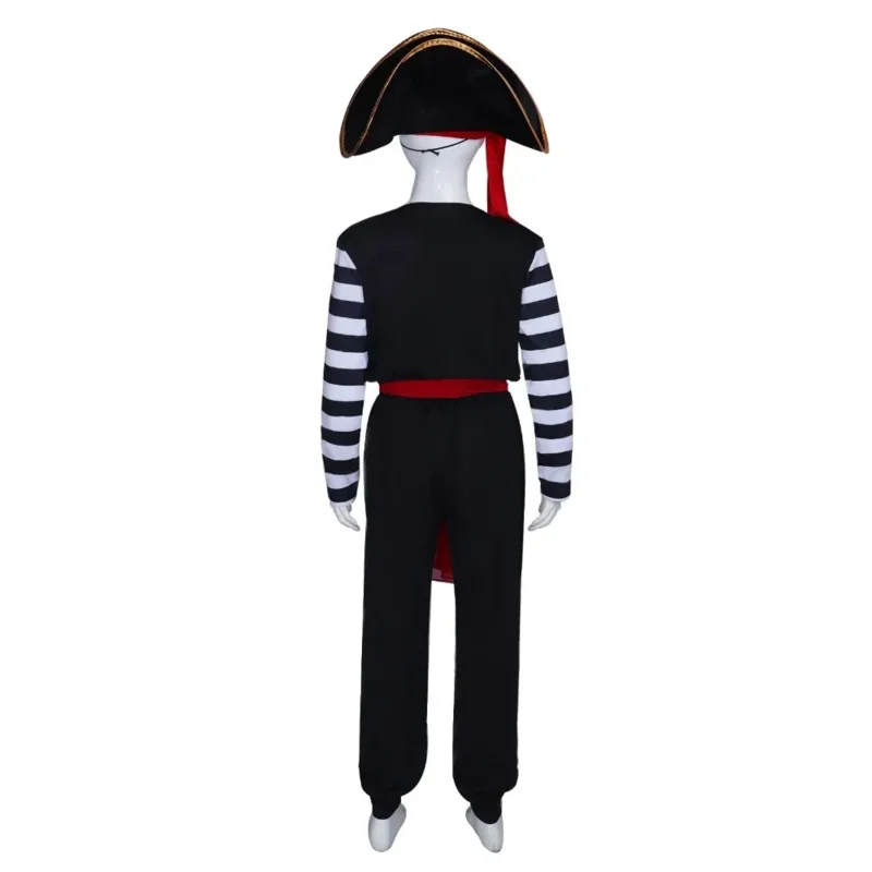 ss13Piraten Kapitän Cosplay Kostüm Kinder Schwarz Weiß Gestreiften Tops Hosen Hut Gürtel Eyeshade Anzug Karibik Piraten Rolle Spielen Hallowe