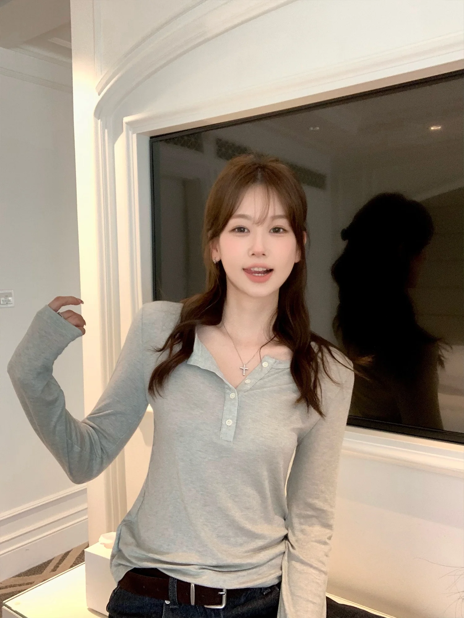 

Long Sve Women's T-irt Silk Casual f Open Collar Spring New Sle Slim Fit Inner Wear Base irt Leisure Top