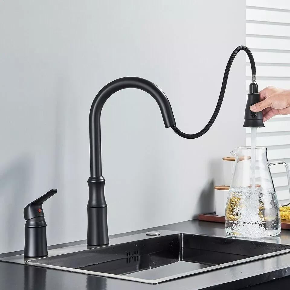 Matte Black Kitchen Sink Faucet with Pull Down Sprayer 1 Handle 2 Hole Mixer Tap Hot and Cold Taps