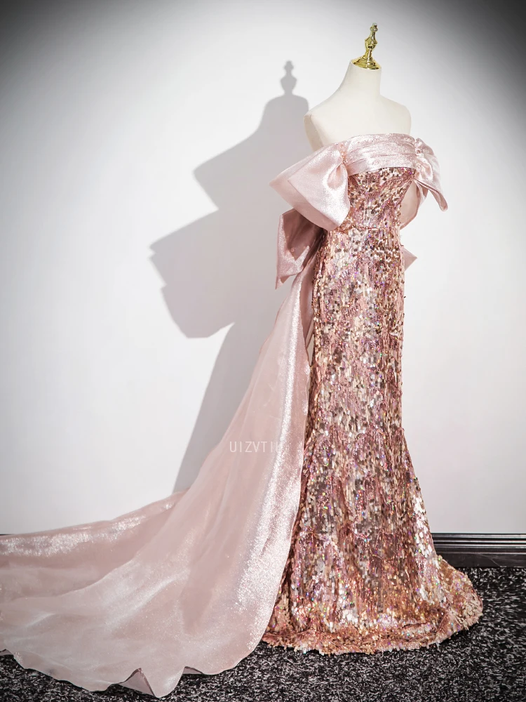 Pink Shiny Prom Gowns Off the Shoulder Big Bow Cape With Long Train Evening Party Dresses Customized Strapless Wedding Dresses