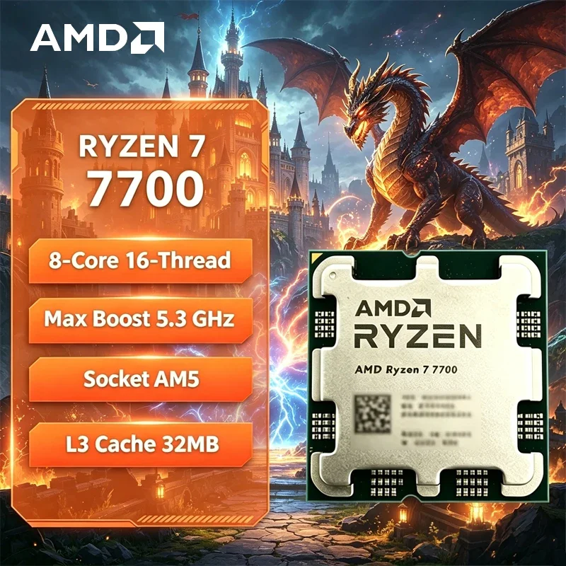 

AMD Ryzen 7 7700 R7 7700 CPU 8-Core 16-Thread 5.3GHz Unlocked Desktop Processor Socket AM5 Gaming CPU Without Package
