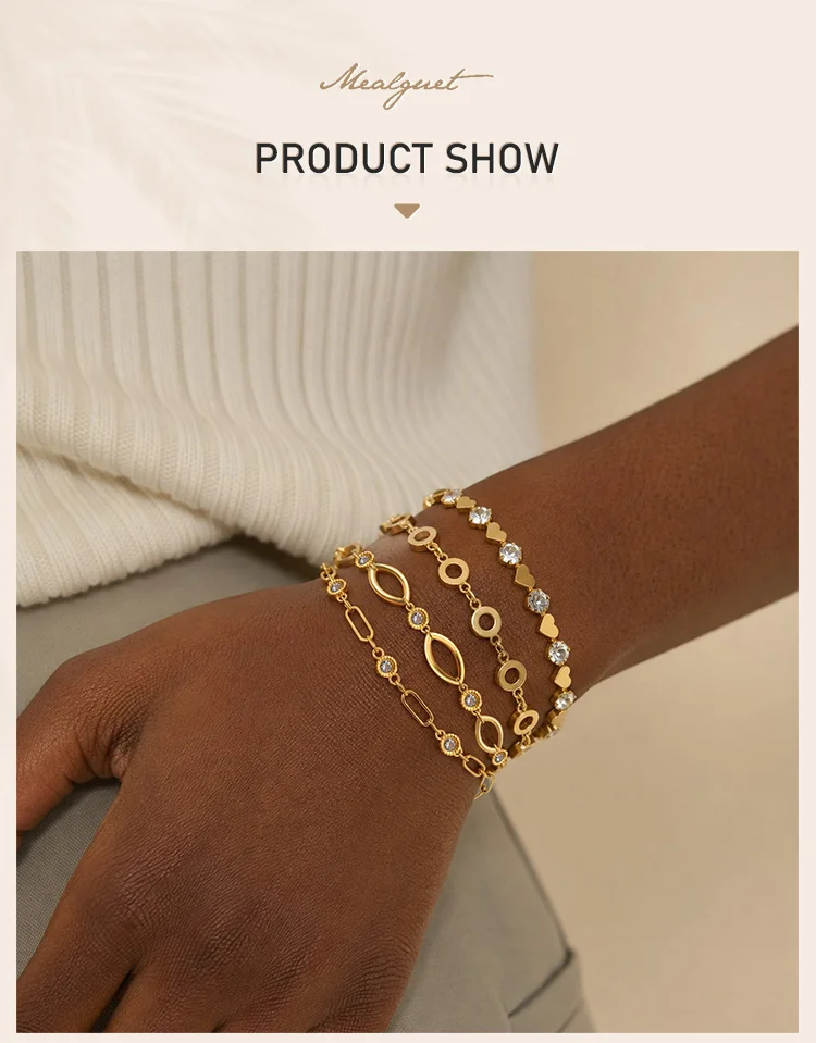 Geometrisches Gliederarmband für Damen, 18K vergoldete Edelstahlkette mit Zirkonia, wasserdichter stapelbarer Schmuck – Detail 1