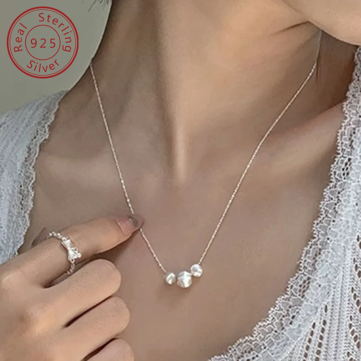 925 silver cat eye threaded silver bead necklace, Korean style match, minimalist niche design style