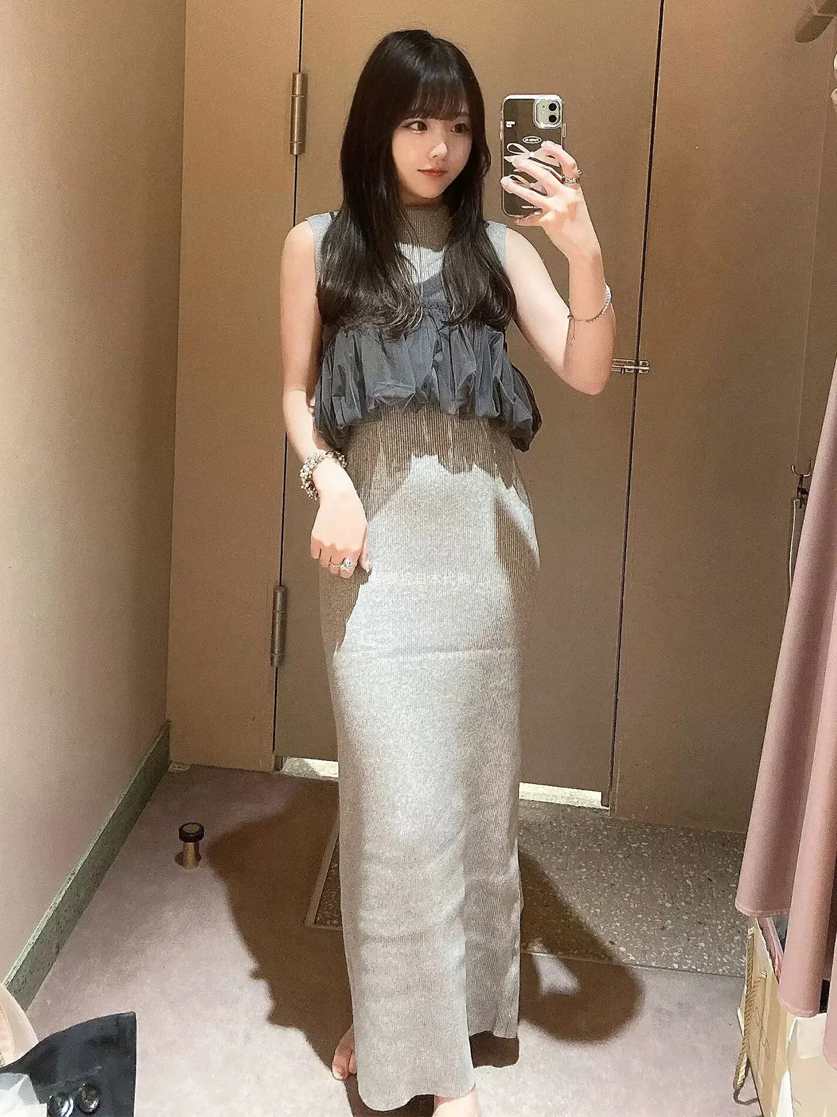 Japanese Elegant Sweet Mesh Ruffles Camisole Sling Top Sleeveless Turtleneck Knitted Slim Fit Long Dress Two-piece Set Women