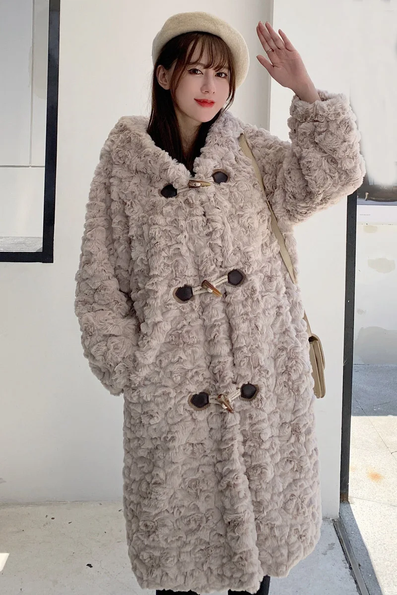 2025 ملابس نسائية بقلنسوة متوسطة الطول تقليد معطف فرو أرنب ريكس شتاء جديد 1125