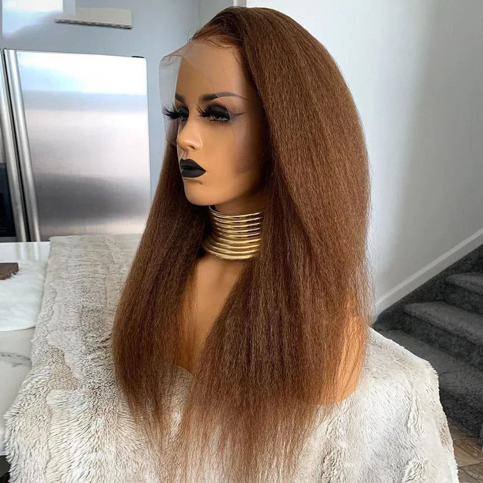 

Brown Soft 28Inch Yaki Long Kinky Straight 180 Density Lace Front Wig For Black Women With Baby Hair Preplucked Glueless Daily