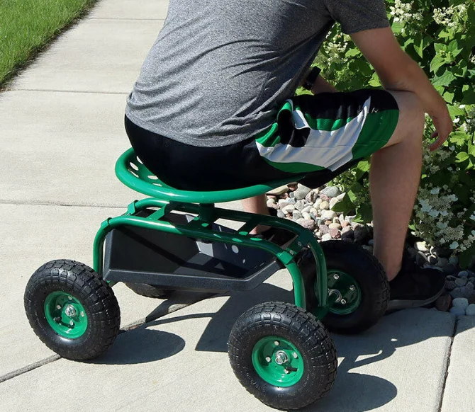 

Modern ABS Garden Cart Scooter with Swivel Seat Tray and Wheel Steering Handle Tool Rolling Scooter Wheel Garden Cart