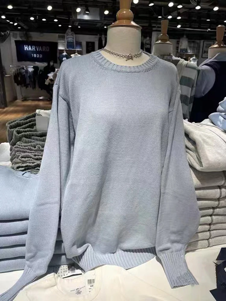 Solid Vintage Knitted Sweater Women Soft Cotton Round Neck Casual Loose Autumn Sweaters Harajuku Sweet Simple Pullovers Tops Y2K