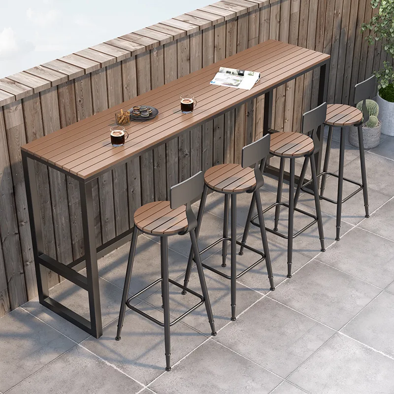 Modern Beach-Style High Table with Leather Bar Stools Outdoor Dining Furniture for Restaurants Coffee Shops or Cafes