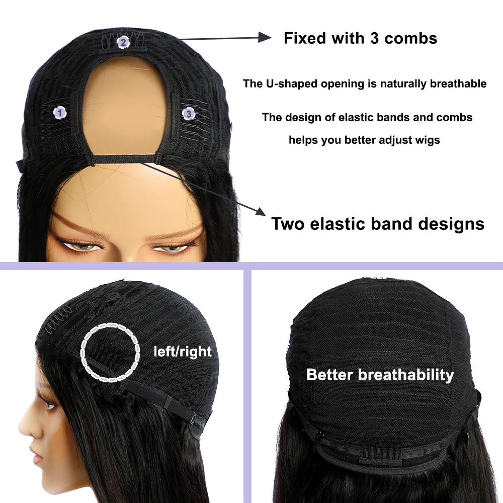 Megeen-Cabello virgen liso de Color Natural para mujer, peluca sin pegamento, parte en U, máquina, sin coser, amigable con los principiantes, 30 pulgadas