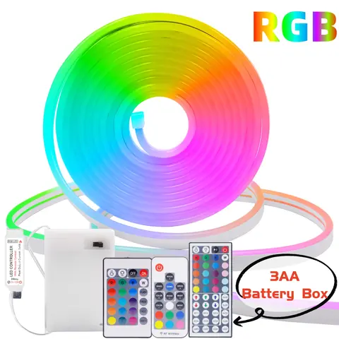 Bande lumineuse néon RGB 5V, 1M 2M 3M 3AA, boîtier de batterie avec télécommande Bluetooth, ruban Flexible étanche pour la décoration de la maison