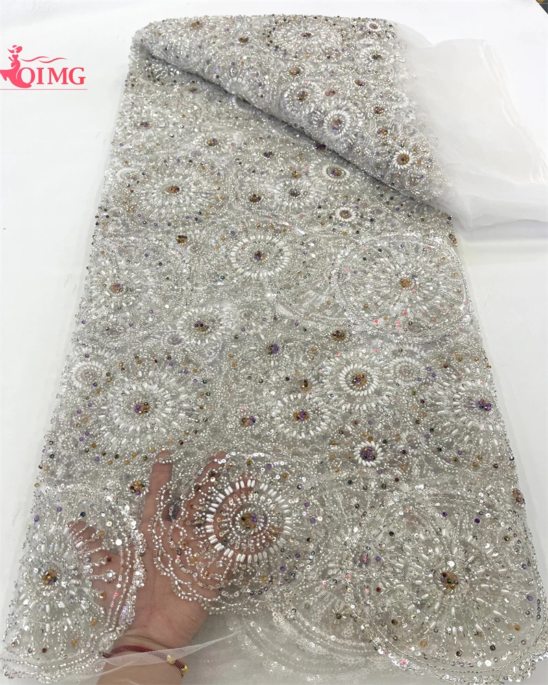 OIMG Luxury African Heavy Beaded 2024 High Quality Nigerian Sequins With Pearl Lace French Tulle Fabric For Party Dress Sew