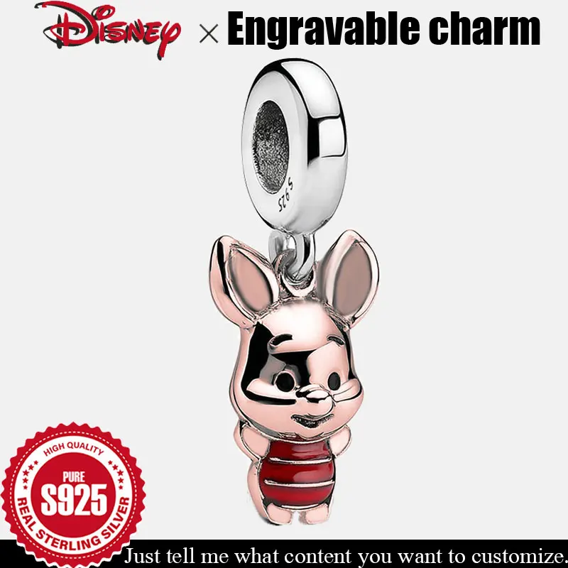 

Customizable 925 Sterling Silver Charm Disney Winnie the Pooh Series Piglet Pendants DIY Bracelet Engravable Beads Fine Jewelry
