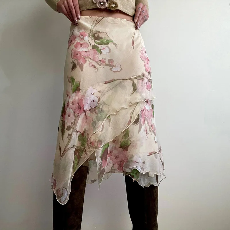 

Summer New Mesh Perspective Slimming French Romantic Flower Irregular Half Body Skirt for Women