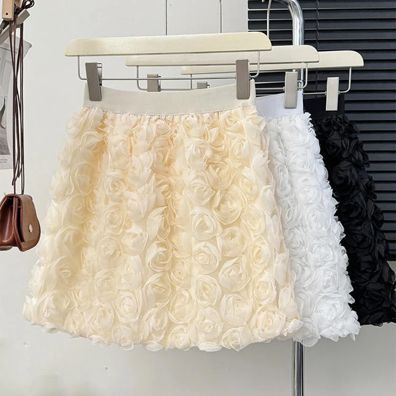 Sweet 3D Rose Flower Mini Skirt Fashion Fairy Elastic High Waist Floral Tulle Short Skirt QT2374