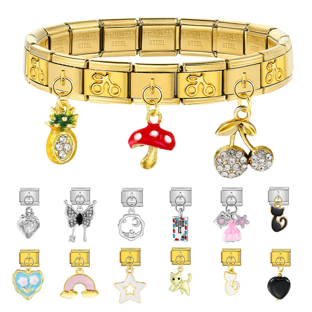 Colorful Charms Pineapple Mushroom Cherry Rainbow Skirt Italian Link Fit 9mm Stainless Steel Bracelet Making DIY Jewelry Pendant