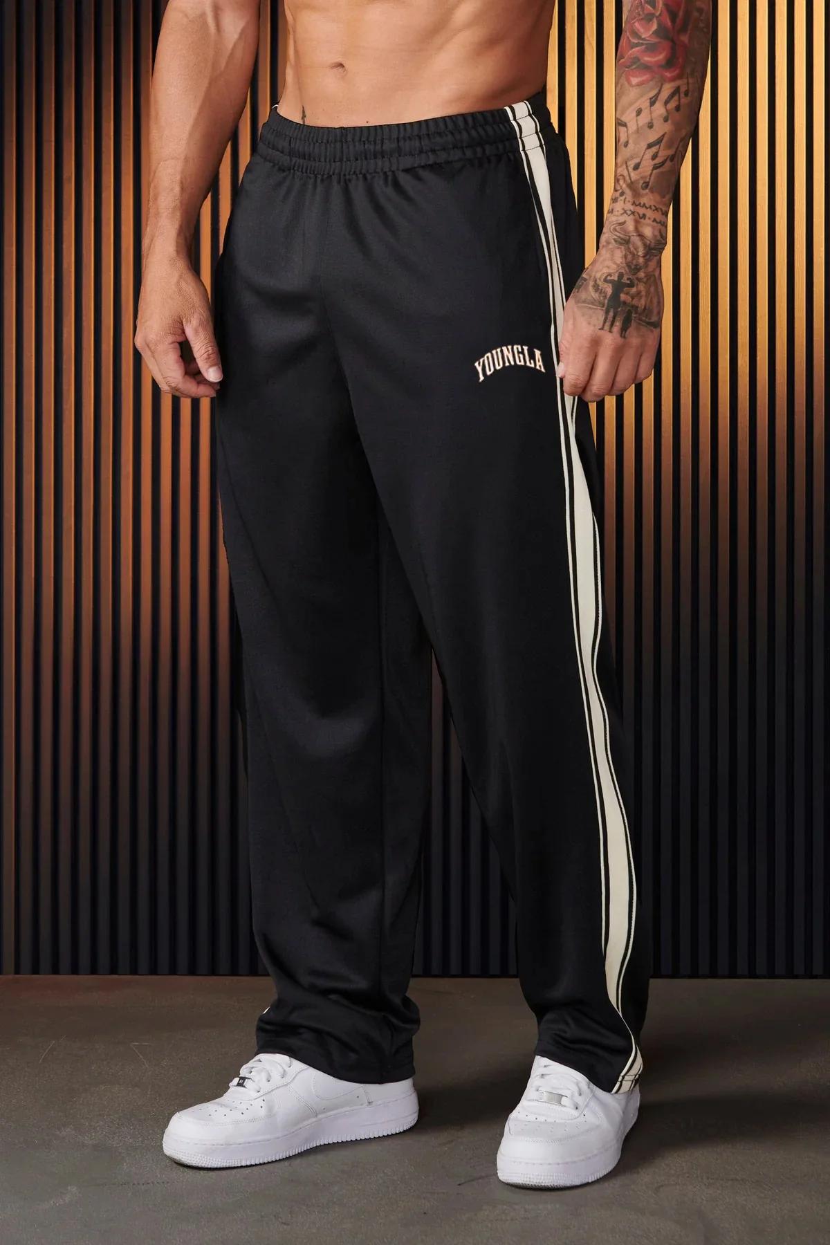 YOUNG Men's sports pants with woven tape splicing printed casual pants, gym fitness mid waist straight leg pants