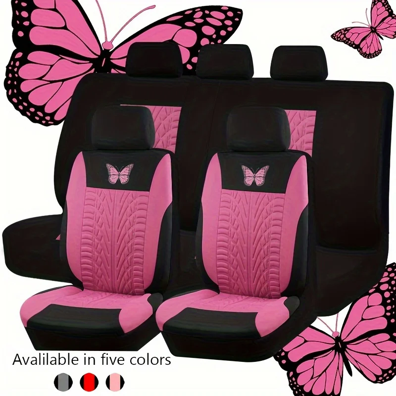 New Car Seat Covers Butterfly Print Tire Tread Pattern Fabric Universal Fit Front 2 Pcs / Full Set 5 Seats Easy Install