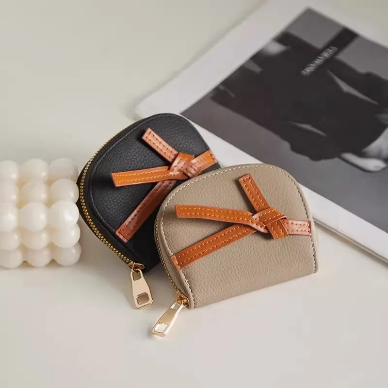 Mini Bow Decor Zipper Coin Purse Textured Small Wallet Portable Lipstick Storage Pouch Black Khaki