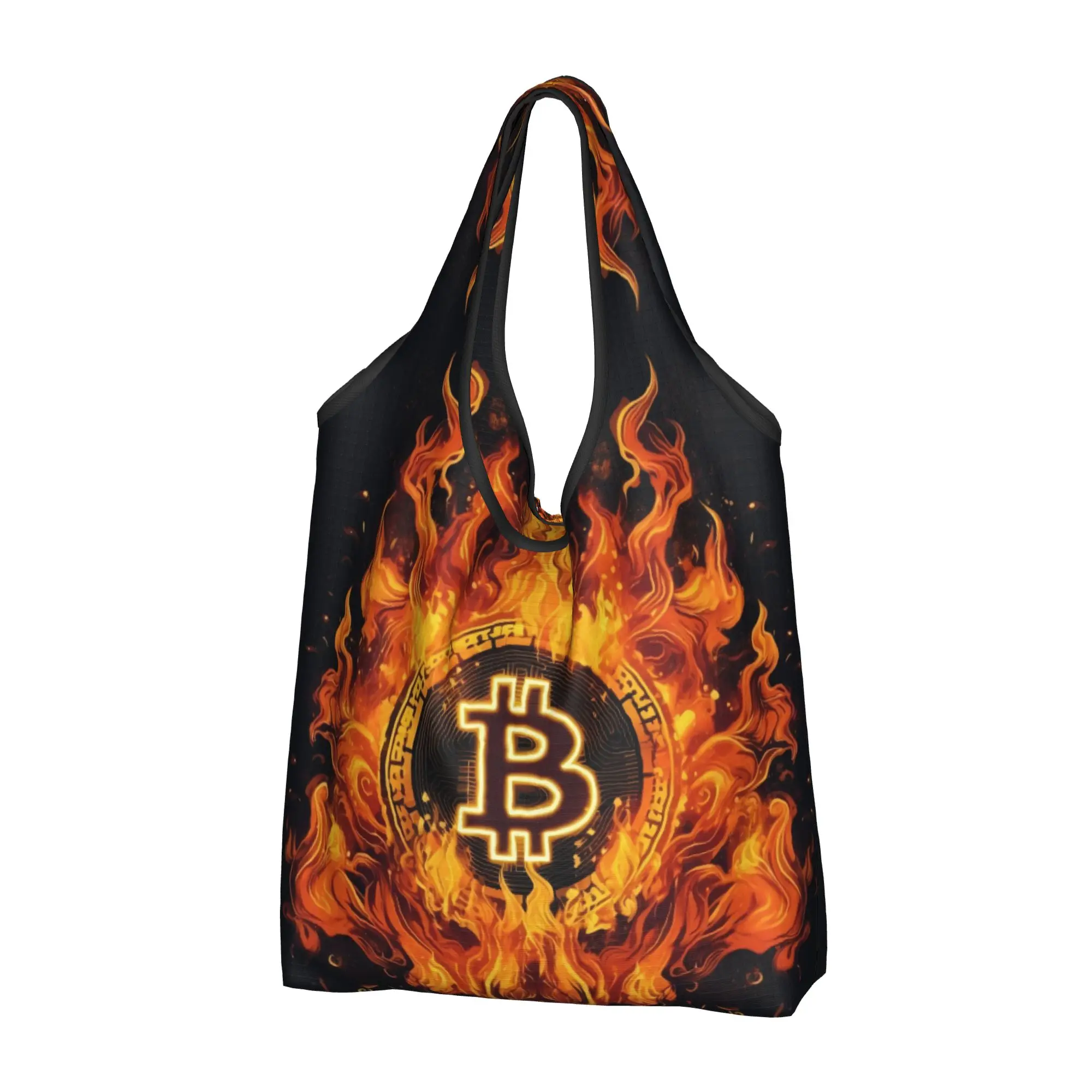 Custom Flame Crypto Virtual Currency Bitcoin  Shopping Bag Women Portable Large Capacity Grocery  Shopper Tote Bags