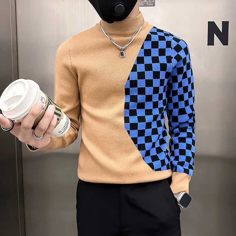 Autumn/Winter Plaid Half Turtleneck Sweater Men Long Sleeve Casual Business Pullover Fashion Social Knitwear Tops Men Clothing