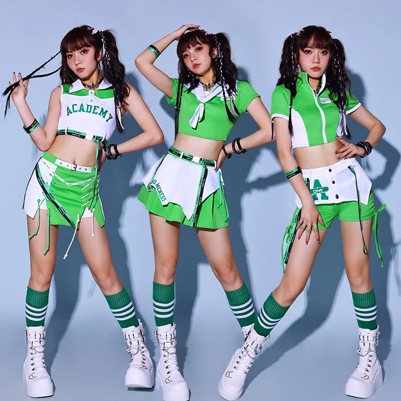 

Green White Cheerleader Uniform Competition Schoolgirl Dance set Crop Top Skirt /Shorts Kpop Idol Group Stage Outfit 2026