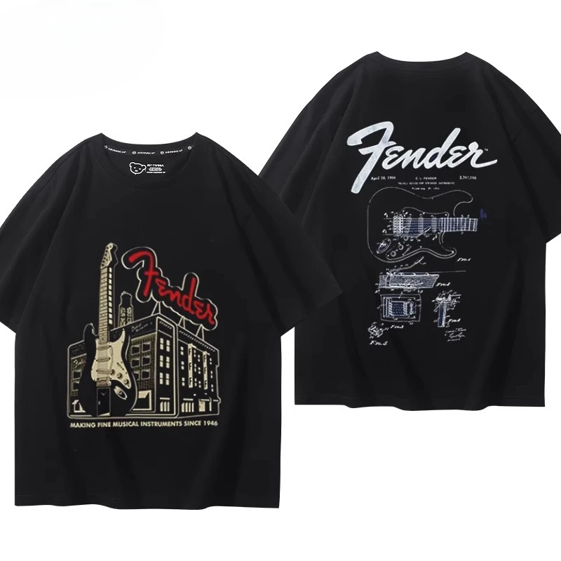 Sommerliches Kurzarm-Oberteil aus 100 % Baumwolle mit Jazz-Rock-Print. Herren-T-Shirt mit Bass- und Gitarrenmotiven. Fenda Street Style. – Detail 4
