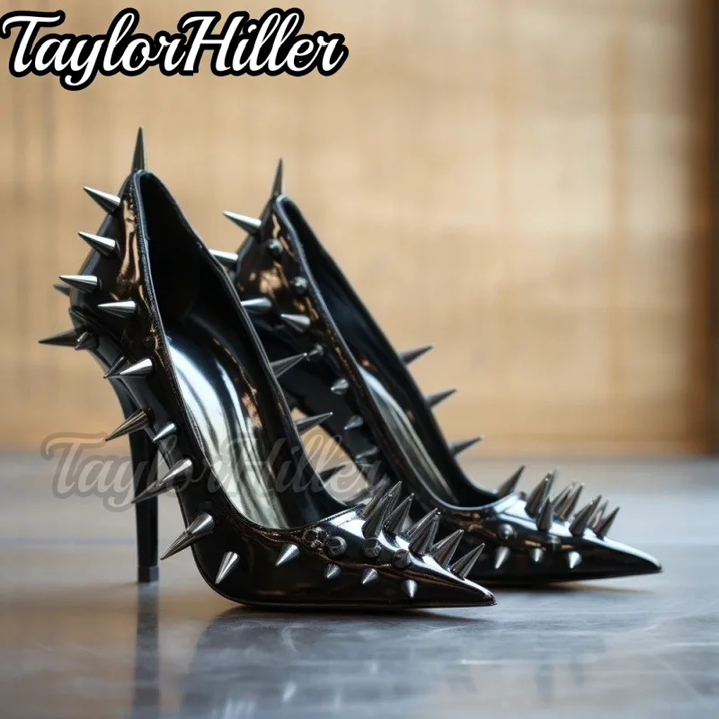 Black Rivets Pointy Toe Pumps Women Slip On Pull On Stiletto High Heels Sexy Punk Dark Style Shoes 2026 Spring Summer New Trend