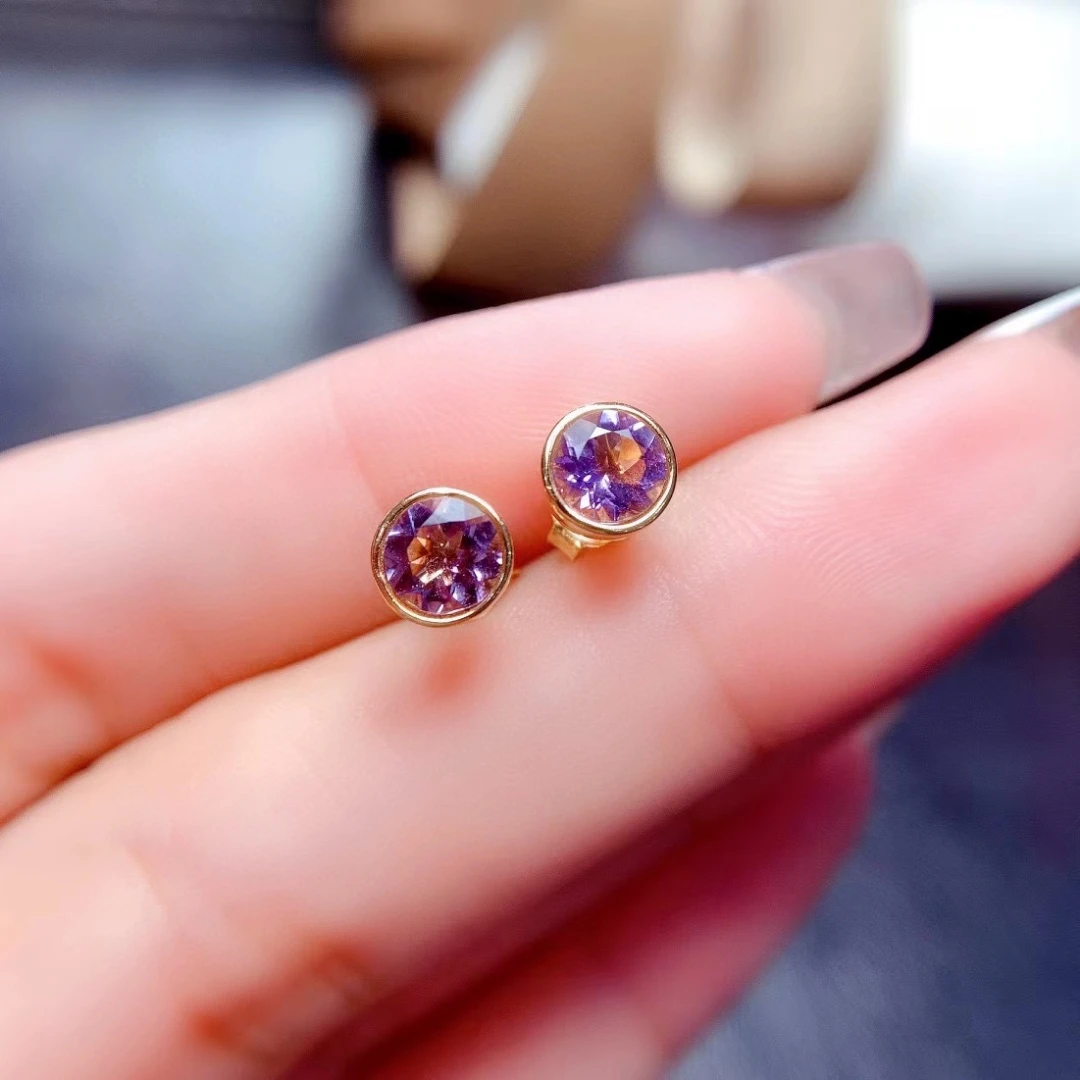 Allergy Free 925 Silver Amethyst Stud Earrings 5mm Total 1ct Natural Amethyst Earrings 18K Gold Plated Amethyst Jewelry