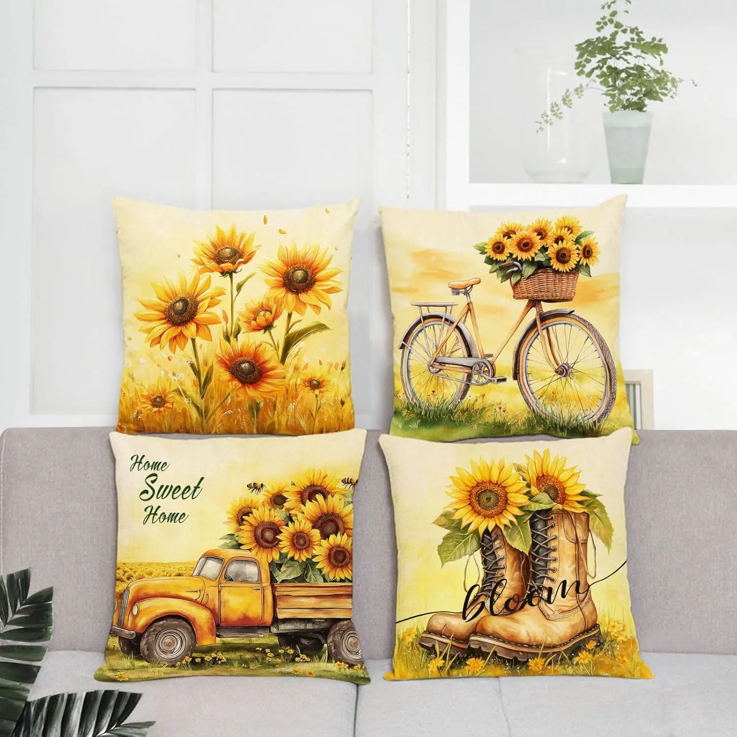 YeeJu Set of 4 Pink Rose Pillow Covers 18x18 Vintage Floral Decorative Cushion Cover Plant Flower Throw Pillow Covers for