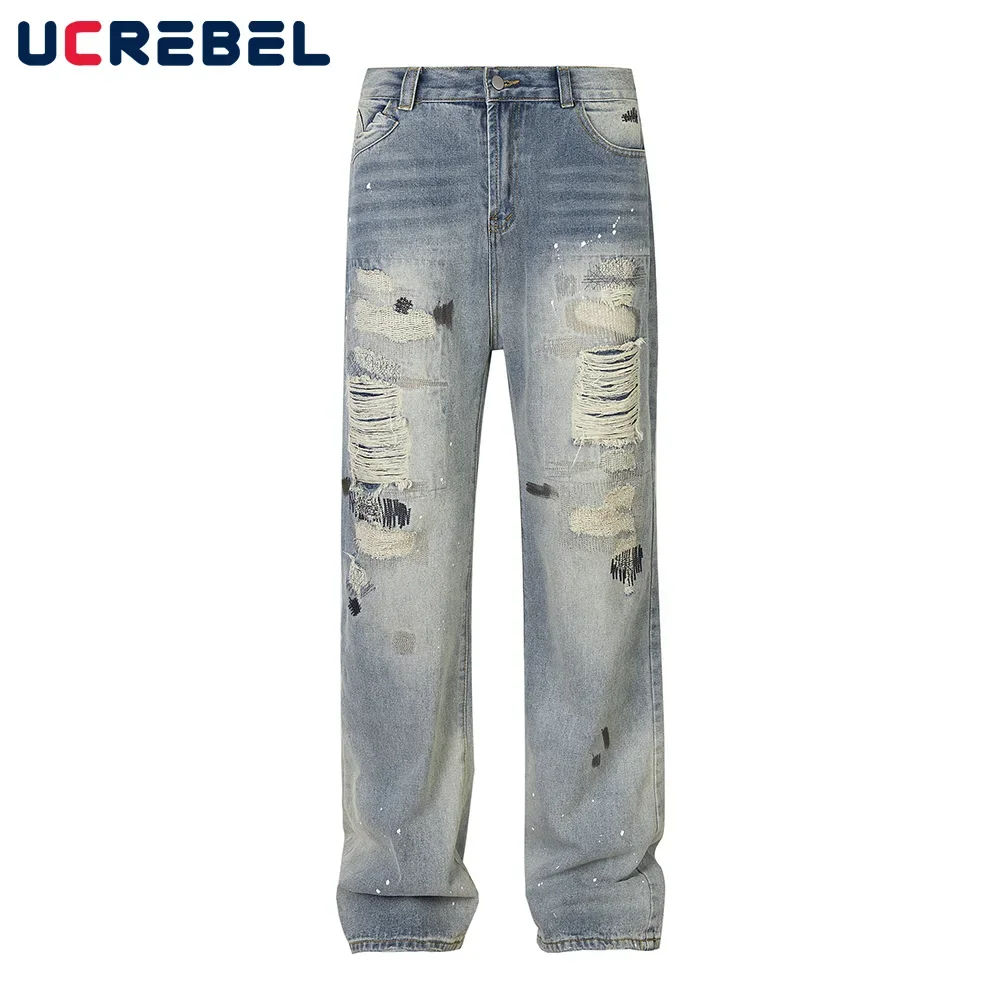 

Ripped Embroidery Beggar Jeans Mens Washed Distressed High Street Straight Loose Denim Pants Men