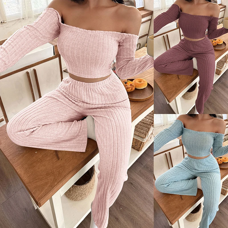 

Women's Fall/Winter Off-Shoulder Fashionable Sexy Casual Long Sleeve Top Pair with Pants for Soft Sleepwear Homewear Set