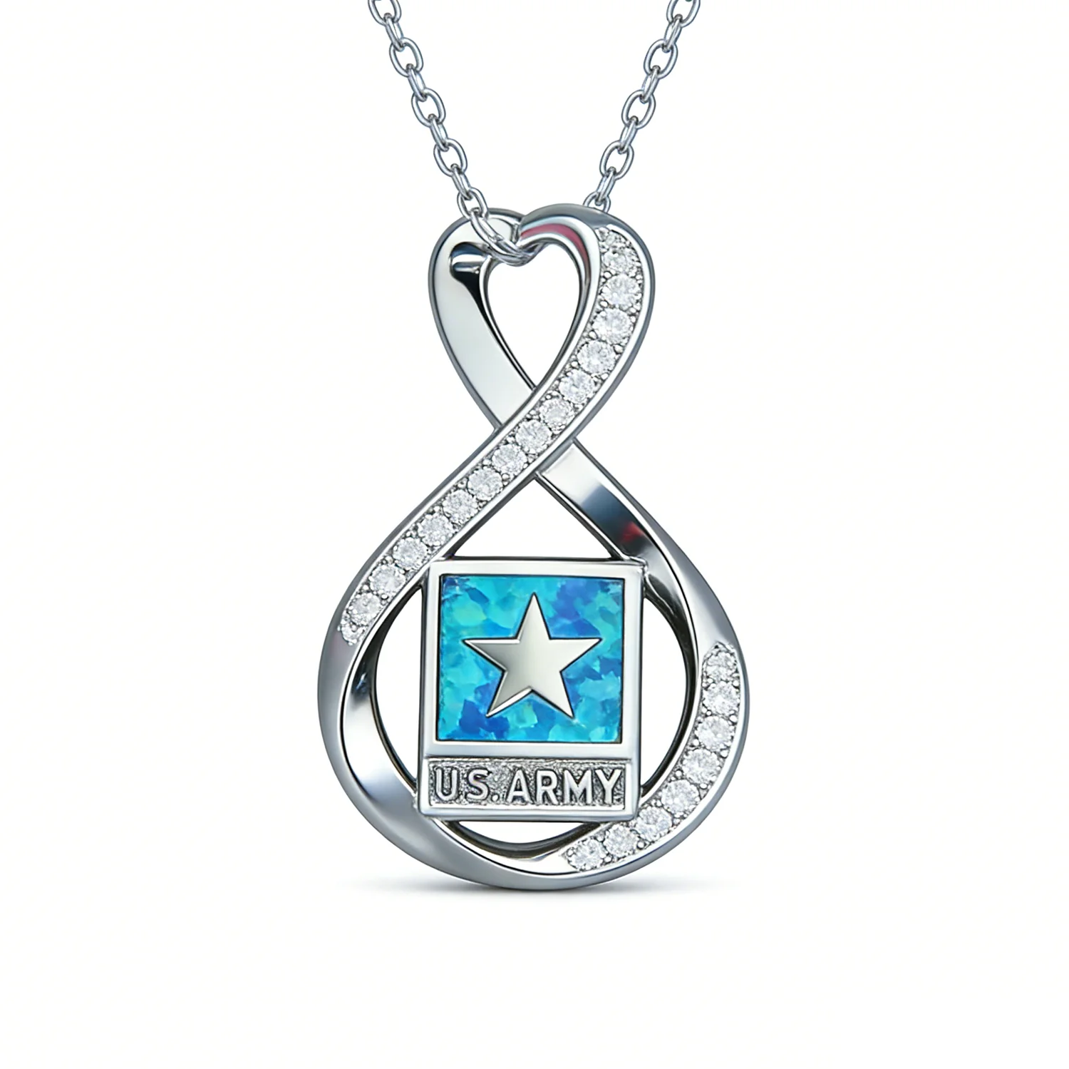 Military Infinity Heart Pendant Necklace,Blue Opals with CZ Accent,ARMY Engraved Gift for Soldier,Veteran, Military Wife/Husband