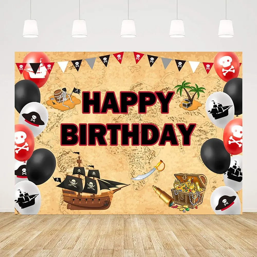 

Pirate Photography Backdrop For Boy Treasure Map Island Adventure Red Black Balloons Background Birthday Party Decorations