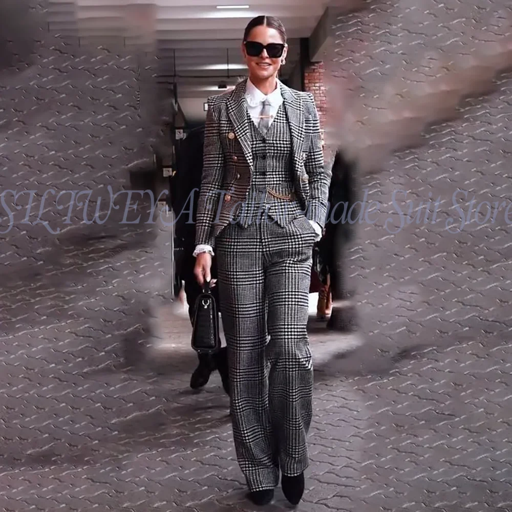 Costume Chic à carreaux pour femmes, tenue de bureau intelligente et décontractée, 3 pièces, veste, pantalon, gilet, haut de gamme, nouveautés d'extérieur