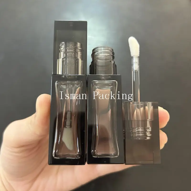 50Pcs Crystal Full Clear Black 10ml Square Lip Gloss Tubes Refillable Bottles Liquid Lipstick Container With Wands Brush