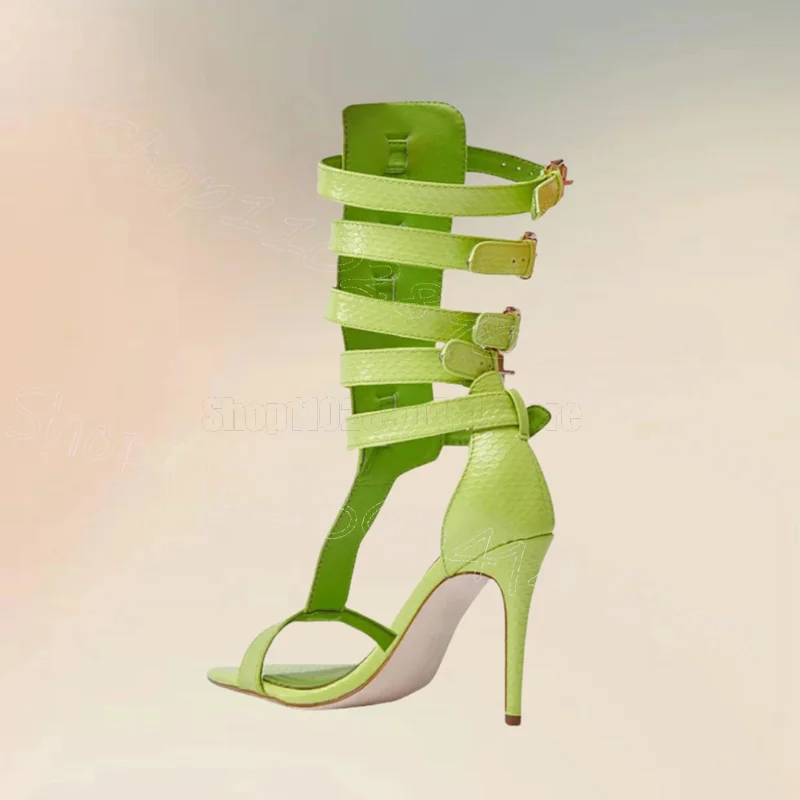 

Green Lychee Print Hollow Design Sandals Buckle Strap Women Shoes Thin High Heels Open Toe Party Dating 2026 Zapatos Para Mujere