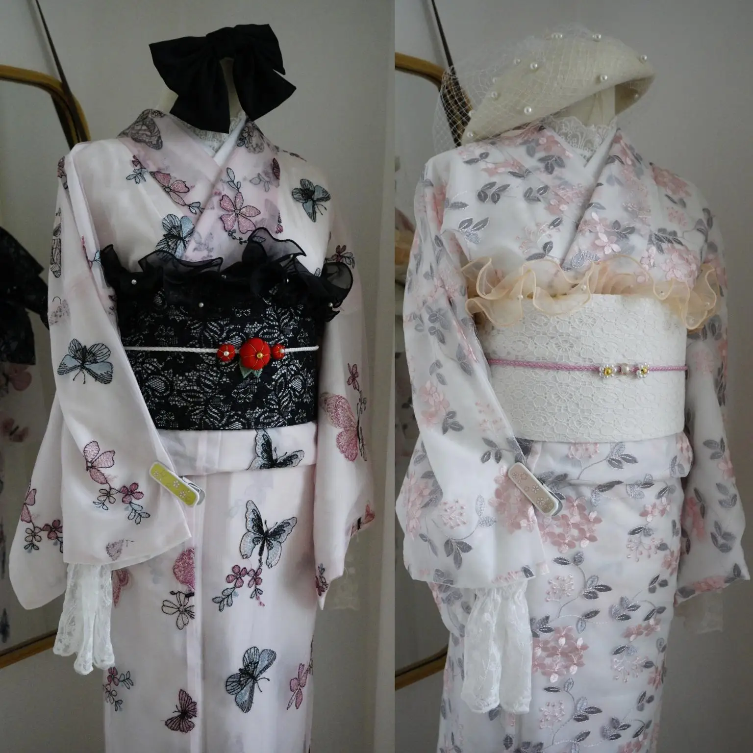 Japanese Traditional Dress Women's Lace Small Pattern Kimono Butterfly Soft Mesh Three-dimensional Embroidery Flower