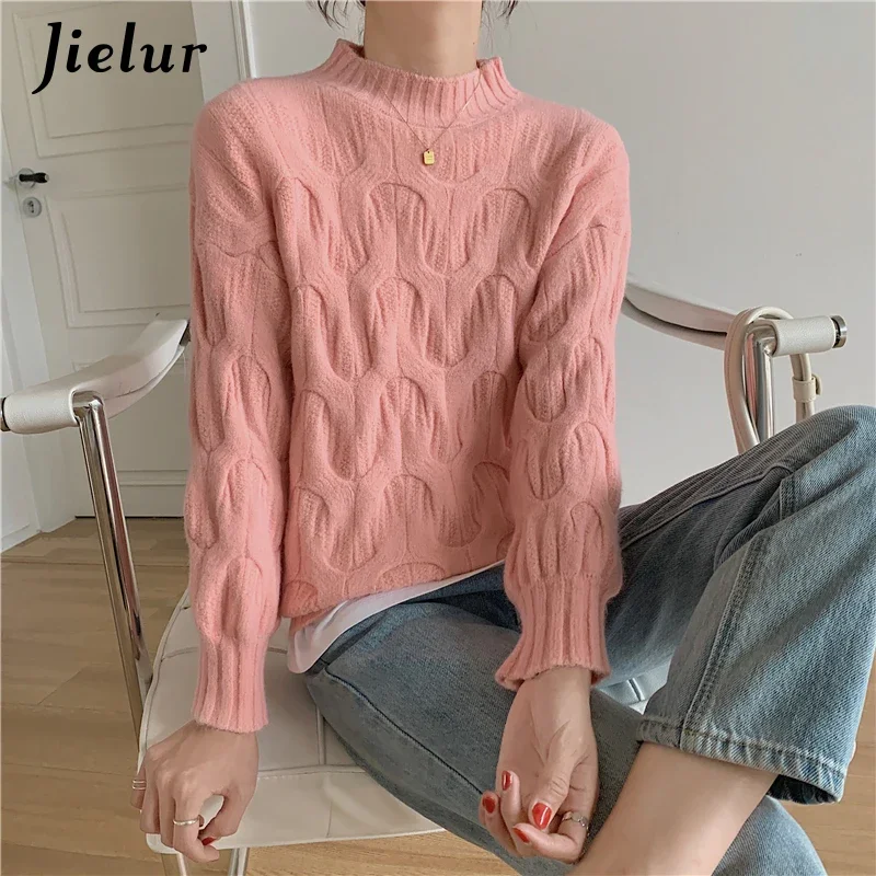 Jielur New Korean Style Winter White Knitted Sweaters Women All-match Pullover Pure Color Fashion Sweater Casual Knitwear Jumper