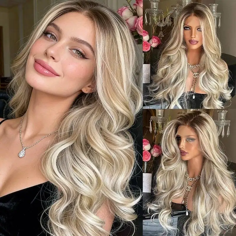 High Quality Ombre Ash Platinum Blonde Synthetic HD Lace Front Wig Invisible Transparent Lace 28 Inch Soft Long Body Wave Wig