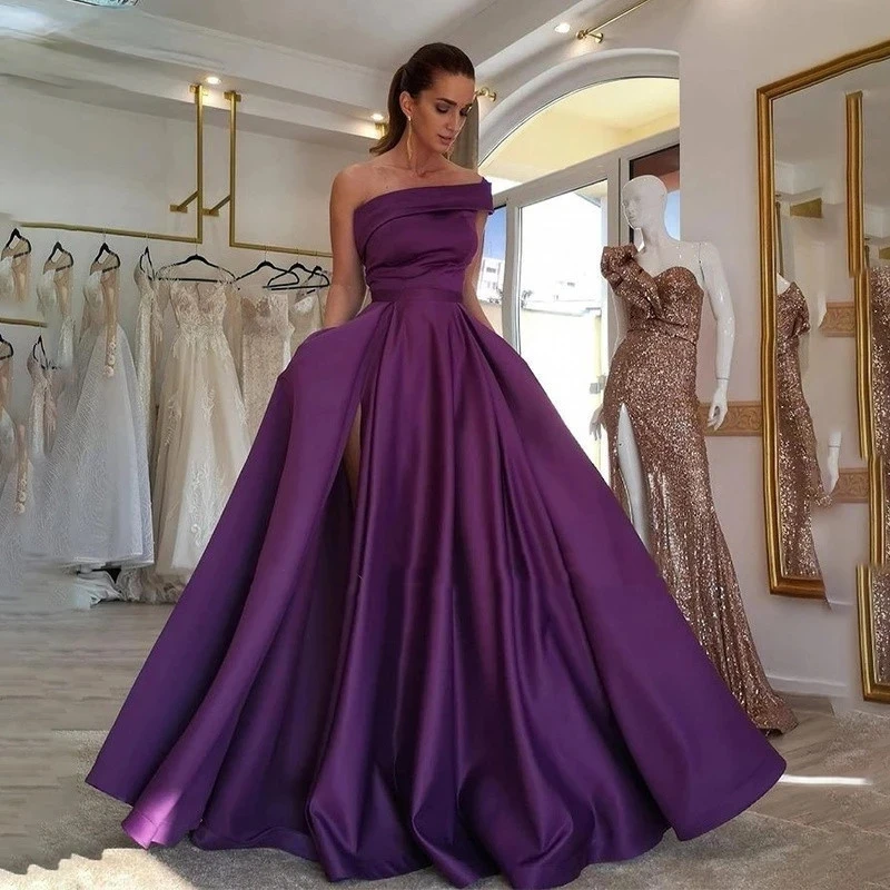 

Flora Dress Deep Purple Satin Evening Gown Side Slit Robe A-Line Formal Long Luxury Suitable Request Porm Dresses فساتين السهرة